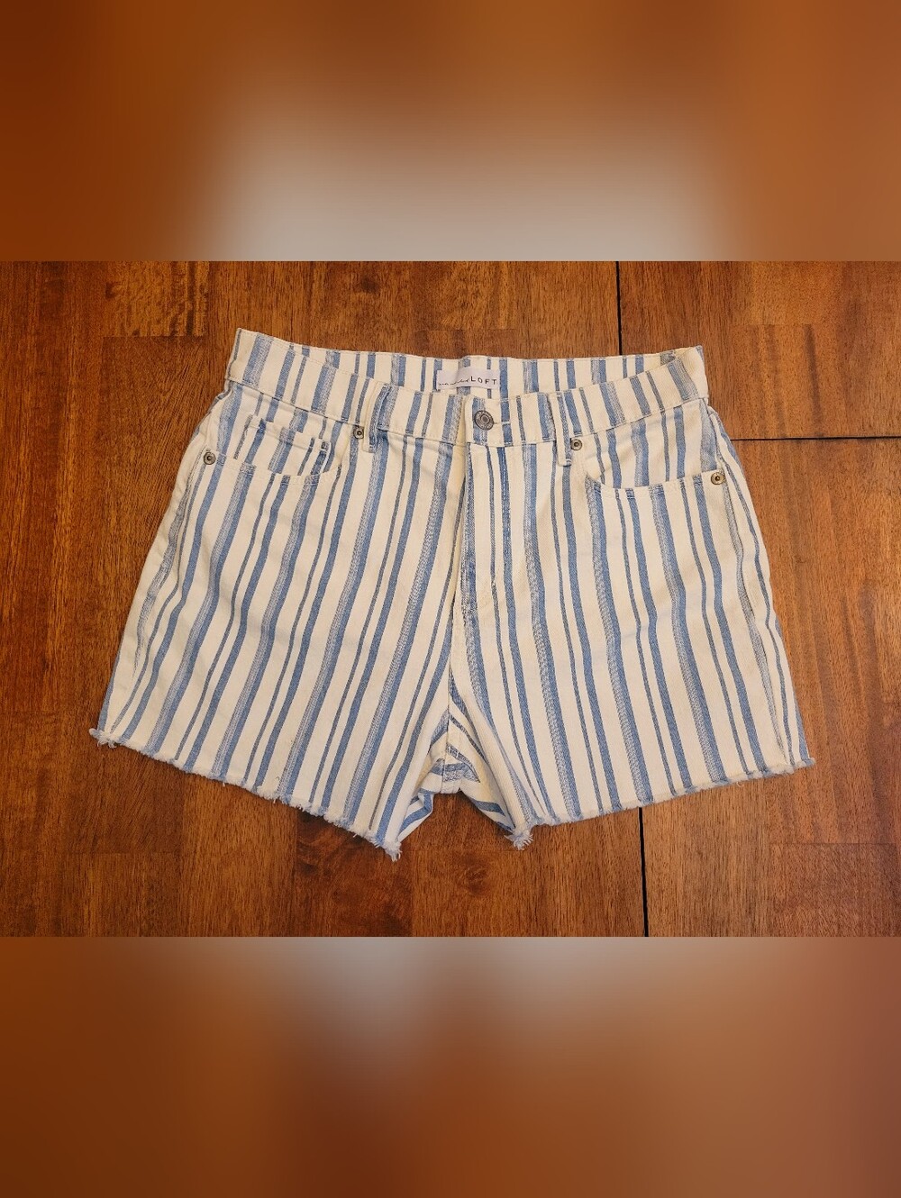 LOFT Blue and White Striped Denim Shorts